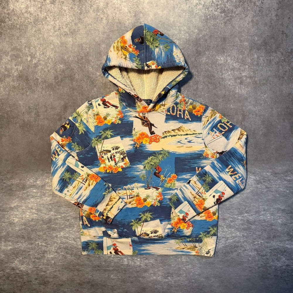 Polo Ralph‎ Lauren Kids L 14-16 Aloha Ski Hawaii Sherpa Lined Hoodie Blue Multi